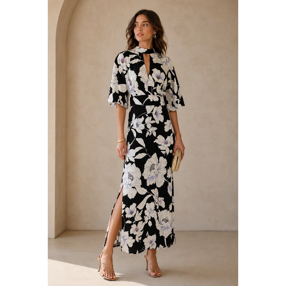 Truth & Fable Black Floral Flutter Sleeve Maxi Dress S Romantic Elegant Chic